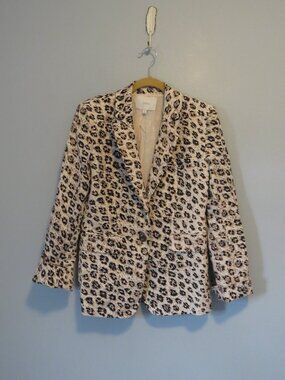Joie Anilah Leopard Animal Print Blazer Linen Cotton One-Button Sz 8 Tan Black